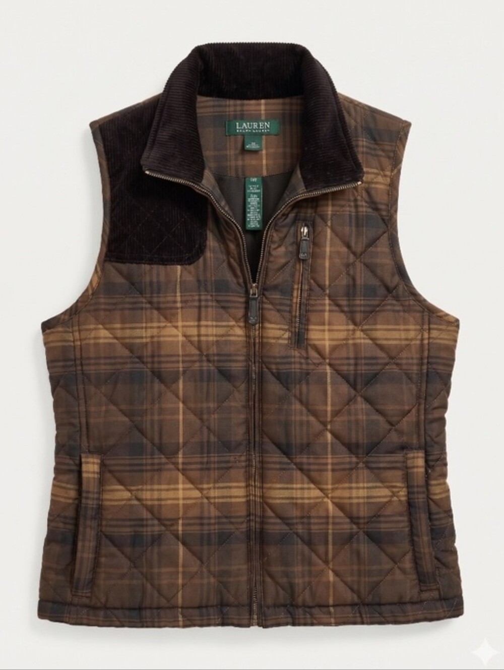 Ralph Lauren Brown Plaid Quilted Corduroy Accent Vest Puffer Equestrian Fall